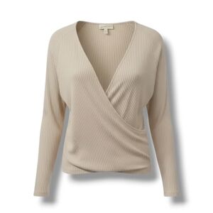 Universal Thread Women's Plus Size cream ribbed long sleeves front wrap blouse